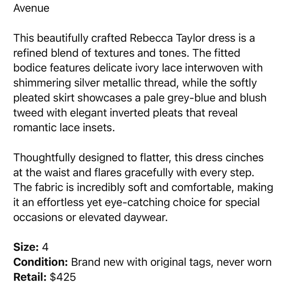 Rebecca Taylor Cream and Silver Dress with Lace Details